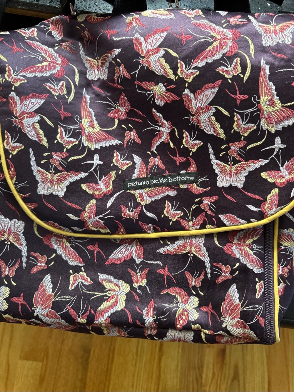 Petunia Pickle Bottom Butterfly Print Baby Bag in Black, Red, Yellow